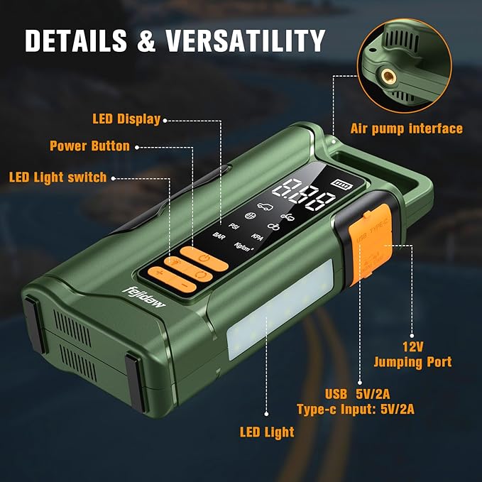 Jump Starter with Air Compressor,5000A Car Battery Jumper Starter, 16000mAh Battery Jumper Starter Portable for 10L