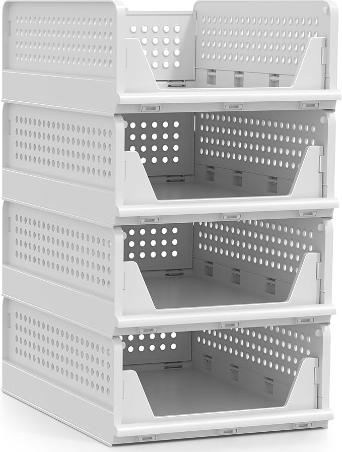 Sorbus 4 Pack Folding Closet Shelf Organizer for Clothes, Versatile Stackable Storage Baskets for Closet, Bathroom, Kitchen a