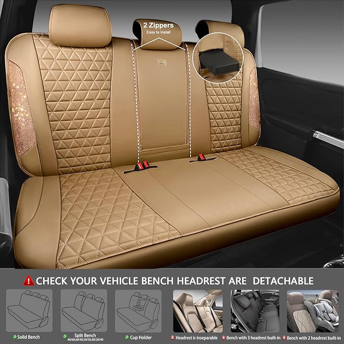 CAR PASS Bling Diamond Beige Leather Car Seat Covers Full Sets Interior Set, Waterproof Shining Glitter Sparkly Crystal Unive