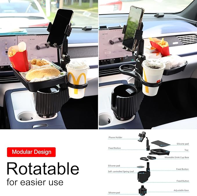 Car Large Cup Holder Expander, 5-in-1 Cupholder Extender with Phone Holder & Swivel and Detachable Snack Food Tray Table for 