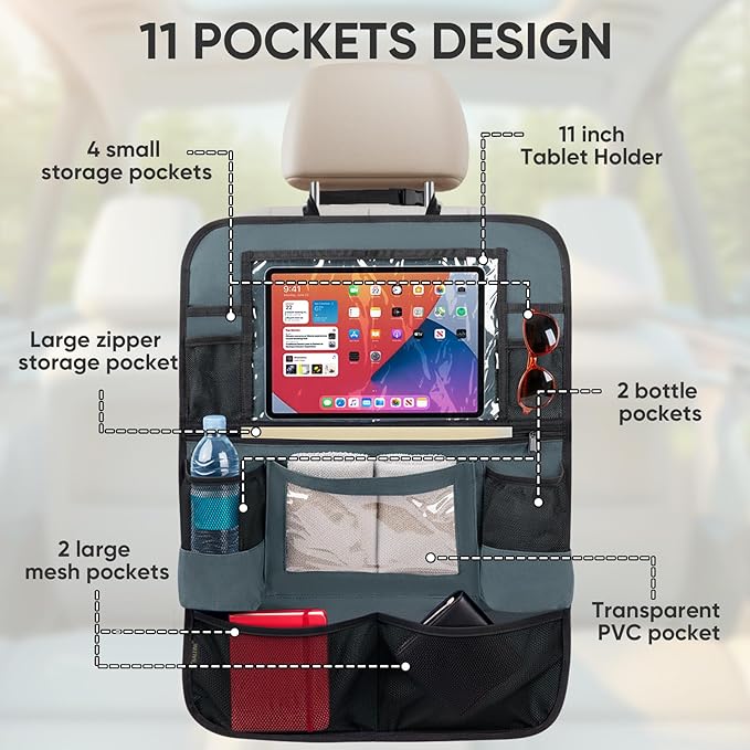 BALEINE Backseat Car Organizer, Back Seat Car Organizers and Storage, Kick Mats Back Seat Protector, Travel Accessories for Most Automotive (1 Pack, Gray)