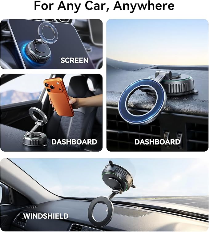 Car Phone Holder for Magsafe, [Enjoy Convenience, Flexibility, Stability], Foldable Vacuum Magnetic Phone Mount for Dashboard Windshield for Your Car Fit iPhone 17/16/15/14/13/12 Pro Max