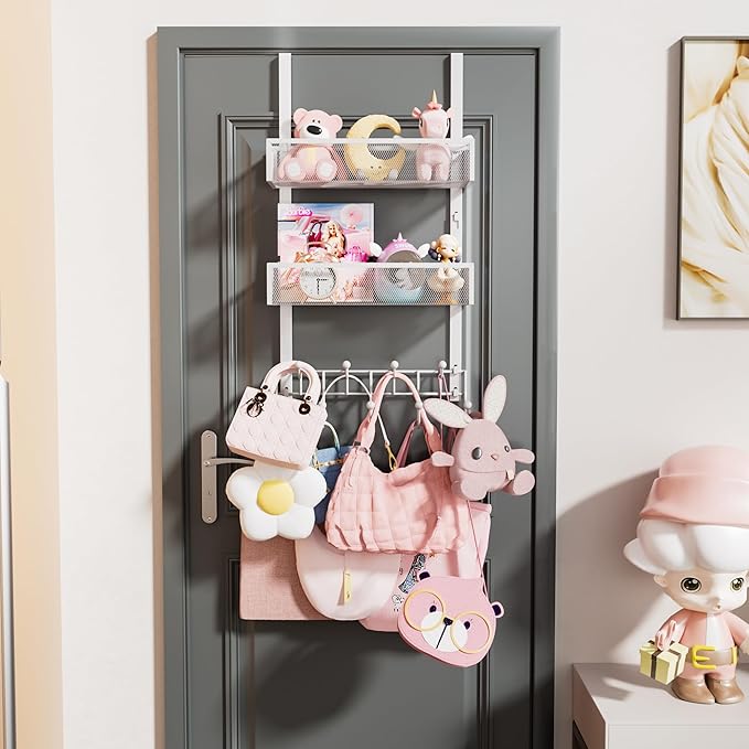 HapiRm Over The Door Organizer with Coat Hooks and 2 Baskets, Stainless Steel Rustproof Over The Door Hanger Hooks for Bathro