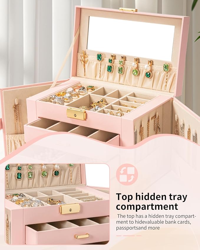 AKOZLIN Large 4-Tier Jewelry Box Leather Jewelry Storage Organizer with 3 Drawers Lockable for Women Girls Ring Necklace Earr