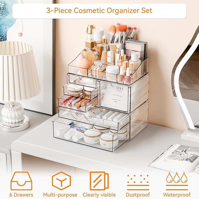 Yieach Acrylic Make up Organizers for Counter,Desk and Vanity,3 Pack Stackable Bathroom Counter Organizer with Drawers,Large 