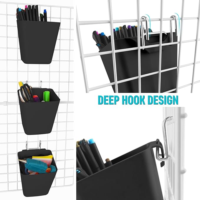 G.CORE Large Grid Wall Bins - 6Pack Black Gridwall Accessories Hanging Cups with Back Hooks - Plastic Grid Wall Panels Organi