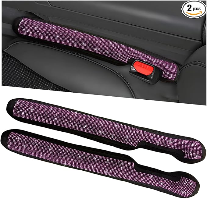 2PCS Bling Car Seat Gap Filler, Sparkling Rhinestone Side Seat Gap Blocker Stop Things from Dropping, Soft Foam Car Truck Filler Blocker Fill The Gaps Between Seats and Console (Pink)
