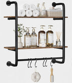 2 Tier Industrial Pipe Shelving, 24" Kitchen Shelves Wall Mounted with 6 Hooks, Coffee Bar Shelves Display Bookshelf Wall She