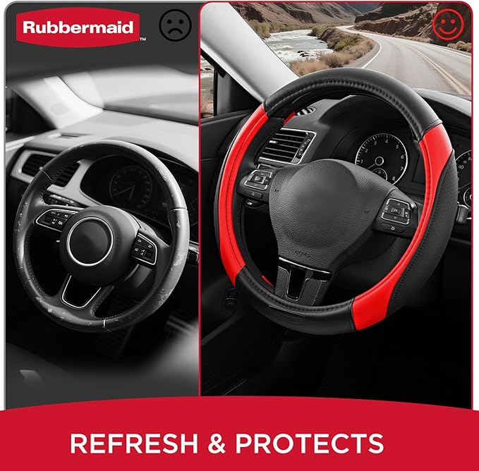 Rubbermaid Steering Wheel Cover – Universal Fit 14.5"–15" Steering Wheel Cover, Anti-Slip Grip, Breathable Leather, All-Seaso