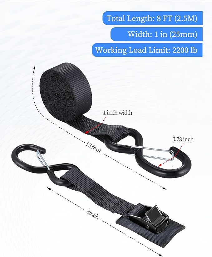 Upgraded 1'' x 8' Tie Down Straps, Cargo Roof Rack Strap Cam Buckle with Hooks, Heavy Duty Secure Strap, Black - Pack of 2