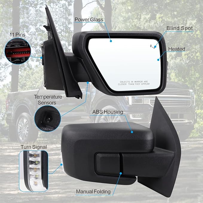 Right Passenger Side Door Mirror Compatible With 2021-2026 Ford F150 With Manual Folding Heated Blind Spot Turn Signal Light Temperature Sensors Matte Black Replace#ML3Z17682TA (11Pins)
