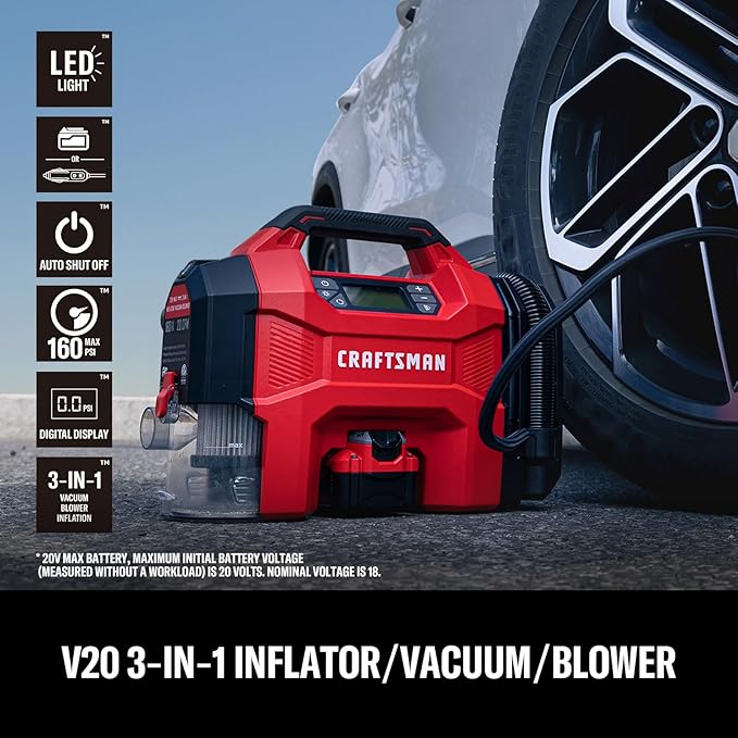 CRAFTSMAN 3-in-1 Cordless Portable Tire Inflator 160 PSI Air Compressor, 4.0Ah Battery & 12V Charger, Car Vacuum, Dust Blower & LED Light for Car, Bike, Ball, Inflatable Mat & SUP