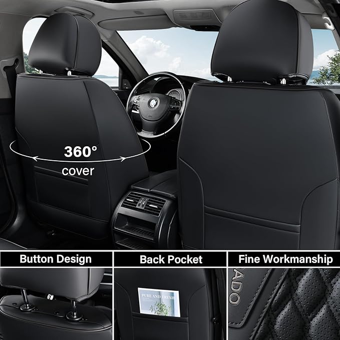 Coverado Car Seat Covers Full Set, 5 Seats Luxury Nappa Leather Seat Covers for Cars, Car Seat Cover Waterproof, Front and Ba