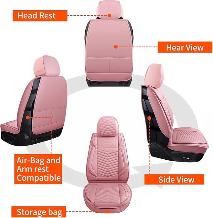 Nappa Leather Car Seat Covers Full Set, Pink Car seat Protector 5 Seats, Waterproof Car Seat Cushion, Universal Automotive Se