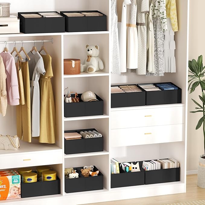 DIMJ Large Closet Shelf Organizer Bins 8 Packs with Handles and Divider, Fabric Trapezoid Storage Baskets, Foldable Clothes C