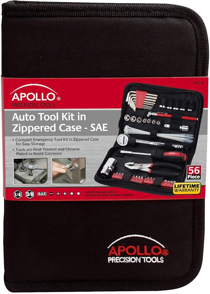 Apollo Tools 56 Piece Compact SAE Auto Tool Set in Zippered Case, Small Mechanic Tool Set for Car Emergency, Motorcycle Repai