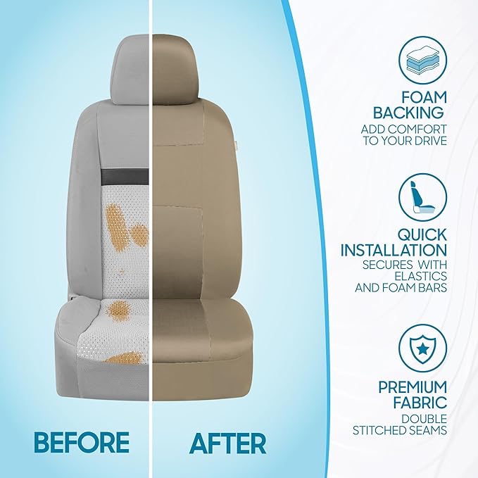 BDK OS-309-AB Tan Trim Black Car Seat Covers Full 9 Piece Set, Sleek & Stylish, Split Option Bench 5 Headrests Front & Rear B