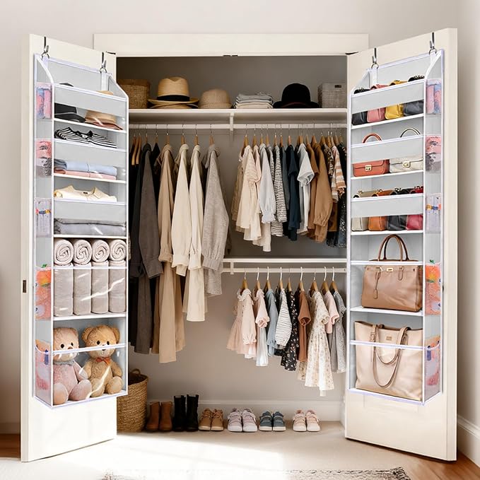 5 Tiers Over Door Organizer with 10 Mesh Side Pockets, 44 lbs Weight Capacity Hanging Storage Organizer with Clear Window Kid
