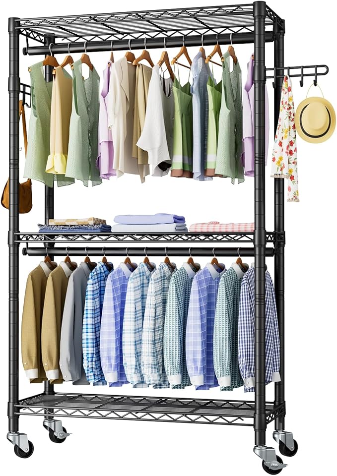 Heavy Duty Clothes Rack Rolling Garment Rack,3 Tier Adjustable Wire Shelving Clothing Racks for Hanging Clothes with Double R