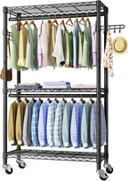 Heavy Duty Clothes Rack Rolling Garment Rack,3 Tier Adjustable Wire Shelving Clothing Racks for Hanging Clothes with Double R