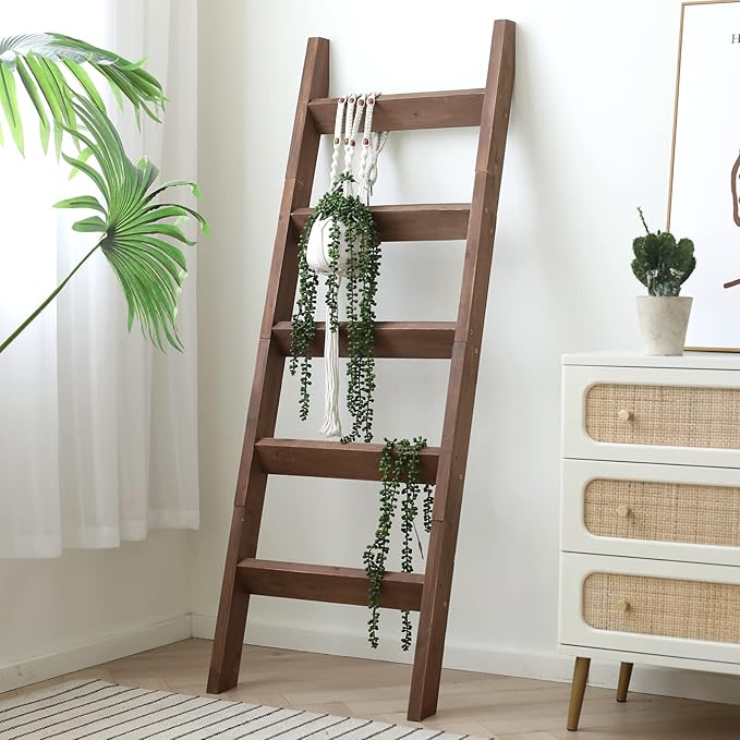 FUIN 5ft (58") Wood Blanket Ladder Living Room Decorative Wall Leaning Farmhouse Quilt Display Holder Storage Rustic Wooden T