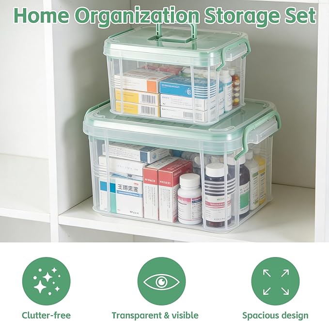 2 Pack Clear Medicine Organizer Box with Handle Thickened Plastic Medicine Cabinet with Tray First Aid Box Empty Multipurpose