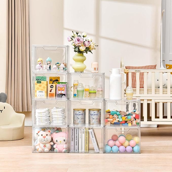 Freebat Stackable Storage Bins,Clear Acrylic Display Case, Acrylic Boxes with Lids, Stackable Storage for Handbags & Purse, M