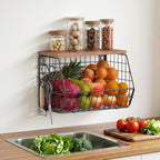 Housolution Wall Mounted Fruit Basket for Kitchen, Hanging Fruit Bowl Wire Baskets with 4 Hanger Hooks, Potato and Onion Stor