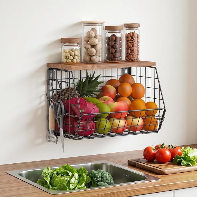 Housolution Wall Mounted Fruit Basket for Kitchen, Hanging Fruit Bowl Wire Baskets with 4 Hanger Hooks, Potato and Onion Stor
