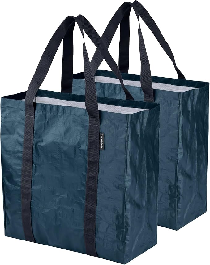 CleverMade Tall Frakta Reusable Grocery Tote - 42L - Pack of 2 - Ocean Blue - Collapsible Storage Shopping Organizer - Heavy 