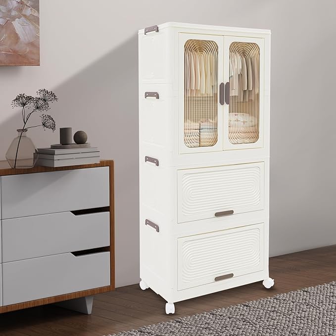 Portable Wardrobe Closet with Wheels 3-Tier Foldable Storage Cabinet Hanging Organizer with 10 Hangers Easy Assembly for Kids