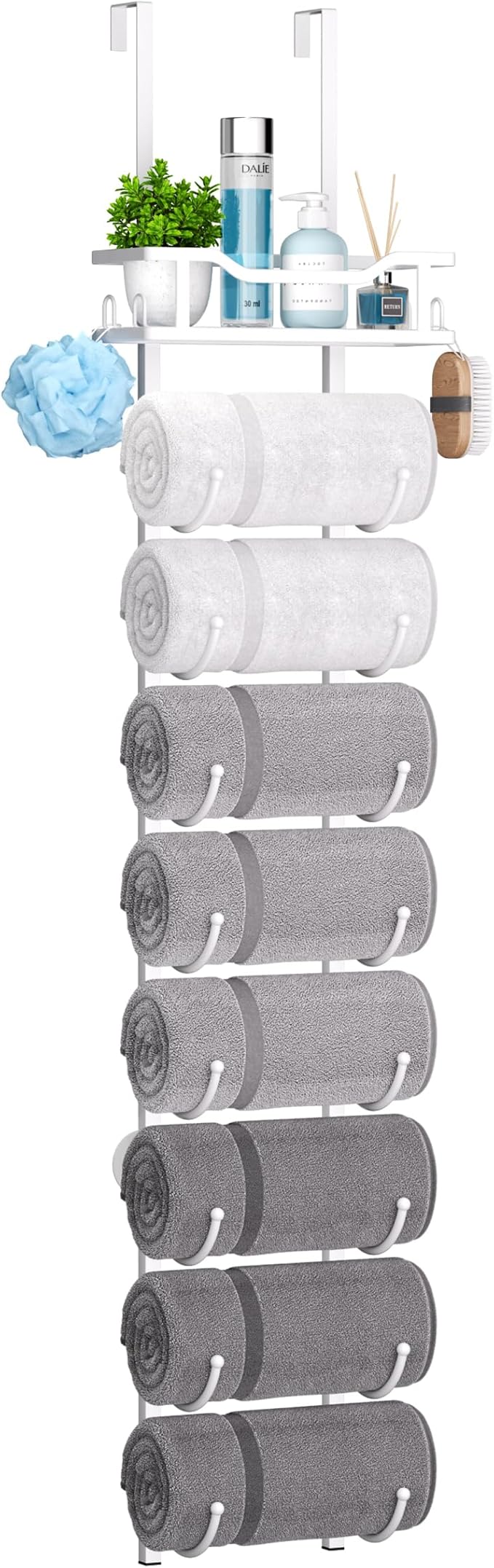 SWTYMIKI Over The Door Towel Rack - 9 Tier Towel Racks for Bathroom Wall Mounted, Towel Holder with Shelf, Hanging Rolled Tow