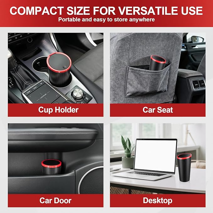 SINGARO Car Trash Can with Lid, Leakproof Mini Garbage Bin for Car Cup Holder, Small Trash Can for Vehicle, Home & Office - Includes 30 Bags, Easy Clean (Black-Red)