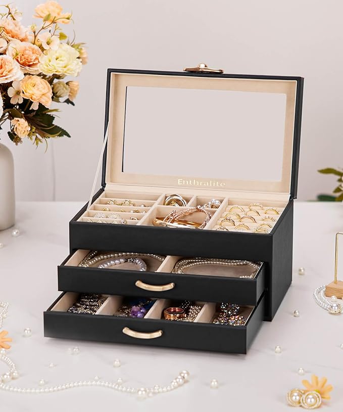 Enthralite Jewelry Box with 2 Drawers: Display Organizer for Earrings Necklaces - Gifts for Girls Women (Black)