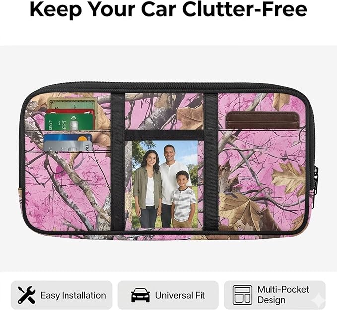Camo Hunting Pink Car Sun Visor Organizer Personalized Car Visor Organizer with Big Zipper Pocket Card Holder Suitable for Cars SUV Keep Tidy