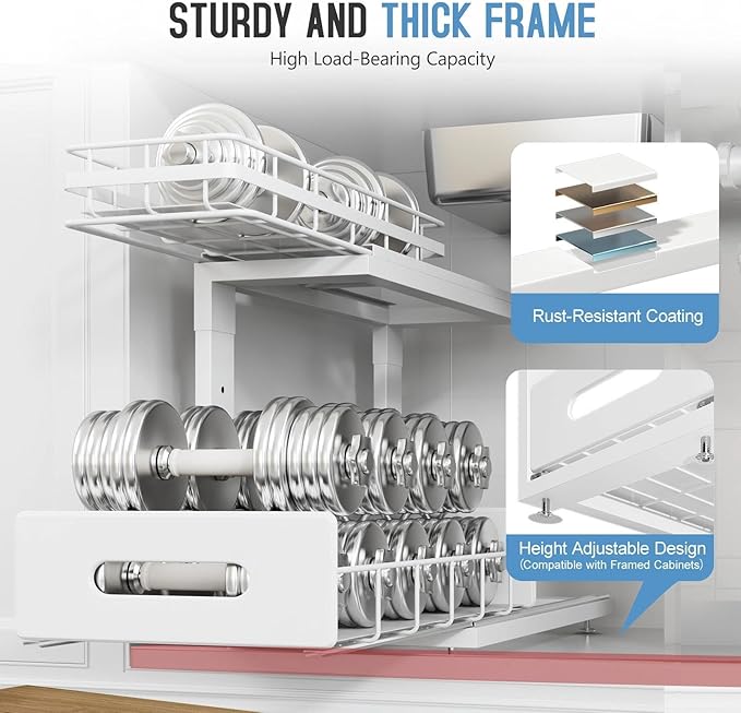 Under Sink Organizer Upgrade To Professional Rails,2-Tier Dual Pull Out Cabinet Storage,Height Adjustable Slide Out Drawers F