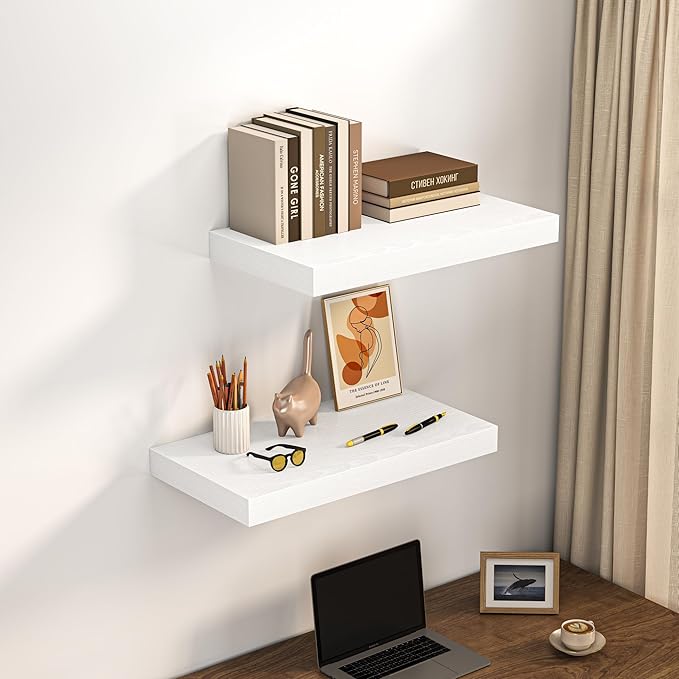 Dreamland 24" Floating Shelves for Wall, 12" Deep Thicker White Floating Shelves, Wall-Mounted Shelves for Bedroom, Living Ro