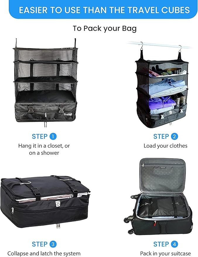 Grand Fusion Stow-N-Go Packing Organizer for Luggage, Portable Hanging Travel Shelves, Carry-On Closet, Hanging Packing Cubes