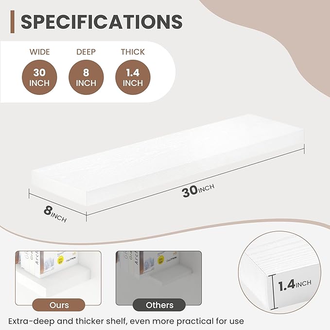 30 Inch Floating Shelves, 8 Inch Deep Floating Shelves for Wall, Hanging Shelf with Invisible Brackets, Deep Shelves for Bath