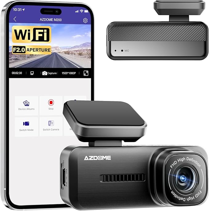 AZDOME M200 Mini Dash Cam WiFi Dashcam - Single Channel Dash Cam for Broad Road Coverage - Built-in WiFi - Full HD Resolution