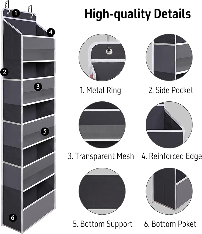 TYMENSH Over Door Organizer with 5 Large Pockets, Heavy Duty Hanging Organizer Storage, Closet Bathroom Nursery Bedroom Dorm,