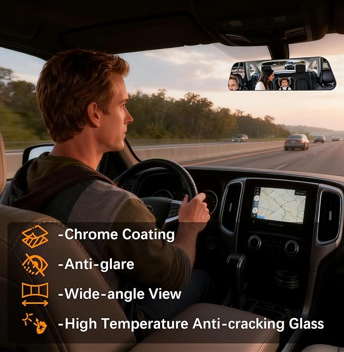 Rear View Mirror, 12 Inch Chrome Anti-glare Panoramic Rear Mirrors Universal Convex Car Interior Clip on Extra Big Wide Angle Rearview Mirror Extender to Reduce Blind Spot for Car SUV Trucks