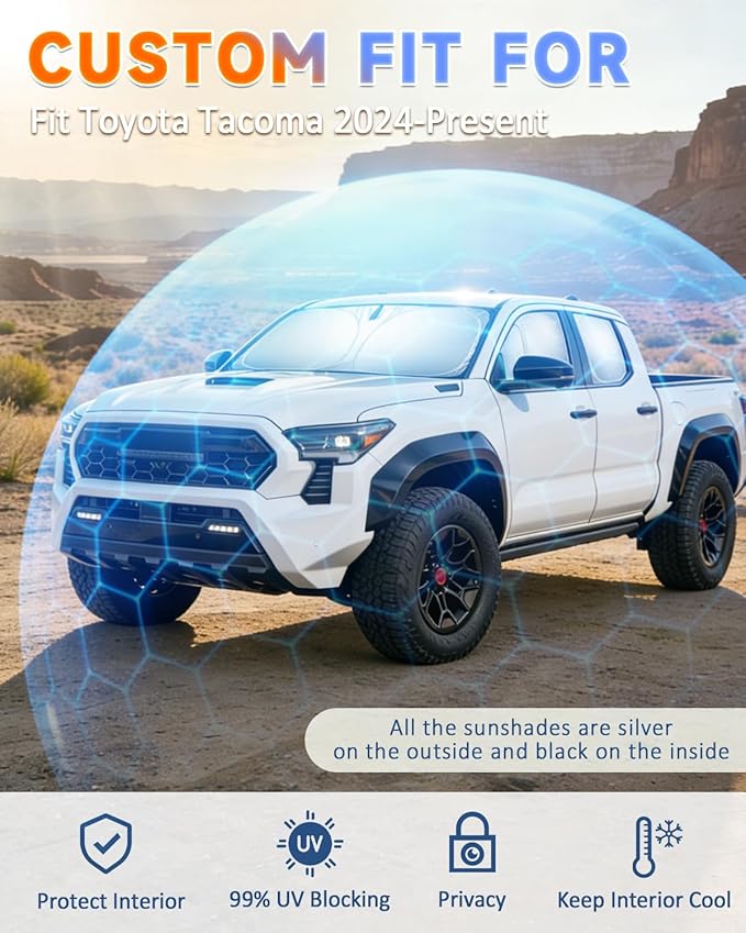 Sun Shades for Toyota Tacoma 2024-2026 Windshield Sunshade Accessories Full Window Shades for Tacoma Front Rear Side Window Covers Fixed with Inserts Sun Visor Blocker Privacy Car Keep Car Cool 6 PCS
