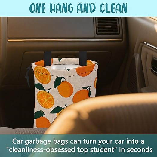 Car Trash Bag Vintage Orange Green Leaves Leak-Proof Car Garbage Bag with Drawstring Foldable Canvas Trash Bin with Adjustable Buckle for Car Accessories, Travelling, Camping