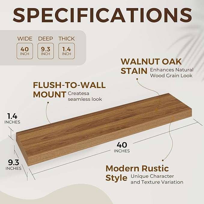 Dreamland 40 Inches Floating Shelves for Wall,9.3 Inch Deep Floating Shelves Set of 2, Large Display & Storage Shelf, Wall Sh