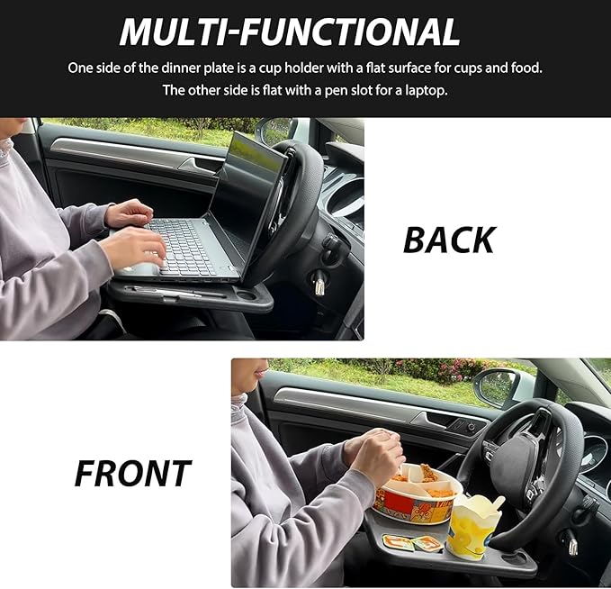 4 in 1 Car Steering Wheel Tray, Multipurpose Steering Wheel Desk with Cup & Dual Sauce Dip Holder, Spacious Car Food Tray with Tablet Slot for Eating Drinking Working