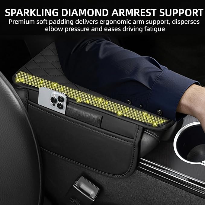 NBTEPEM Bling Car Center Console Cover, Leather Car Arm Rest Cover Cushion with 2 Storage Bags, Universal Auto Armrest Protector Storage Box, Bling Accessories Interior for Most Vehicles (Yellow)