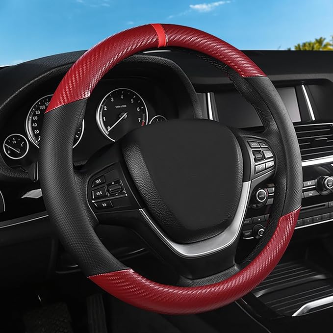 Black & Red Carbon Fiber Leather Steering Wheel Cover, 14.5-15 Inch Non-Slip Breathable Microfiber Leather Car Steering Wheel