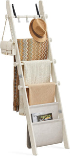 VASAGLE Blanket Ladder for Living Room, 5-Tier Wooden Ladder Shelf, Decorative Farmhouse Blanket Rack with Synthetic Leather 