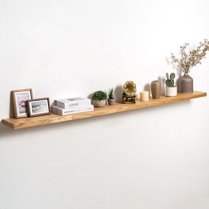 Fun Memories Solid Elm Wood Floating Shelves Set of 1-72 Inch Rustic Wall Shelves with Heavy-Duty Invisible Brackets - for Li